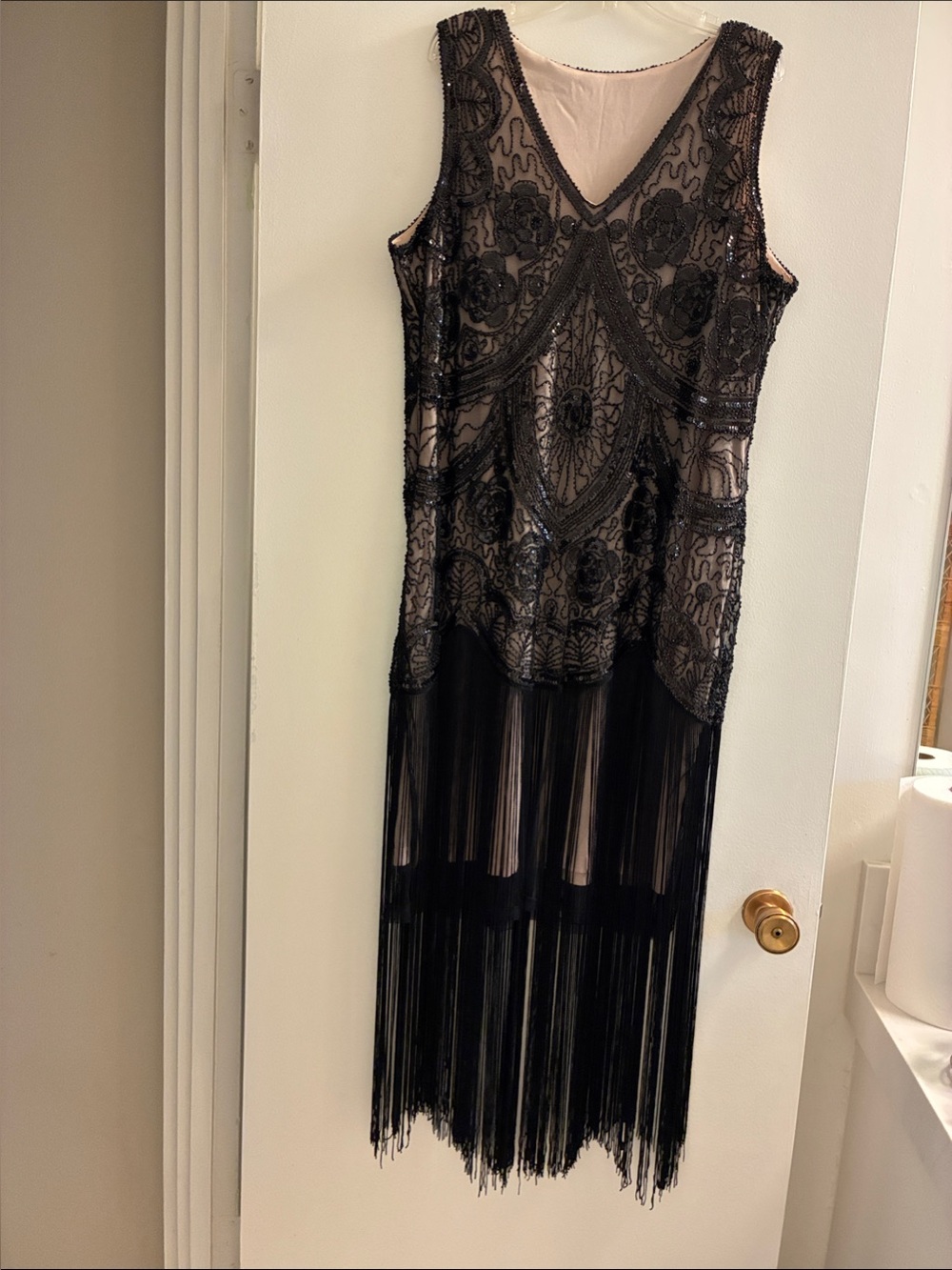 Black Beaded Fringe Evening Dress - Sleeveless V-Neck